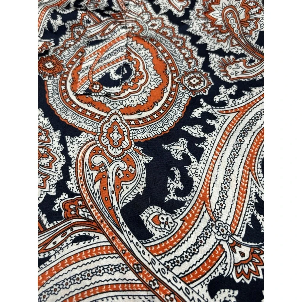 Michael Kors Women's L Paisley Button Front Blouse Orange Navy Long Sleeve Top